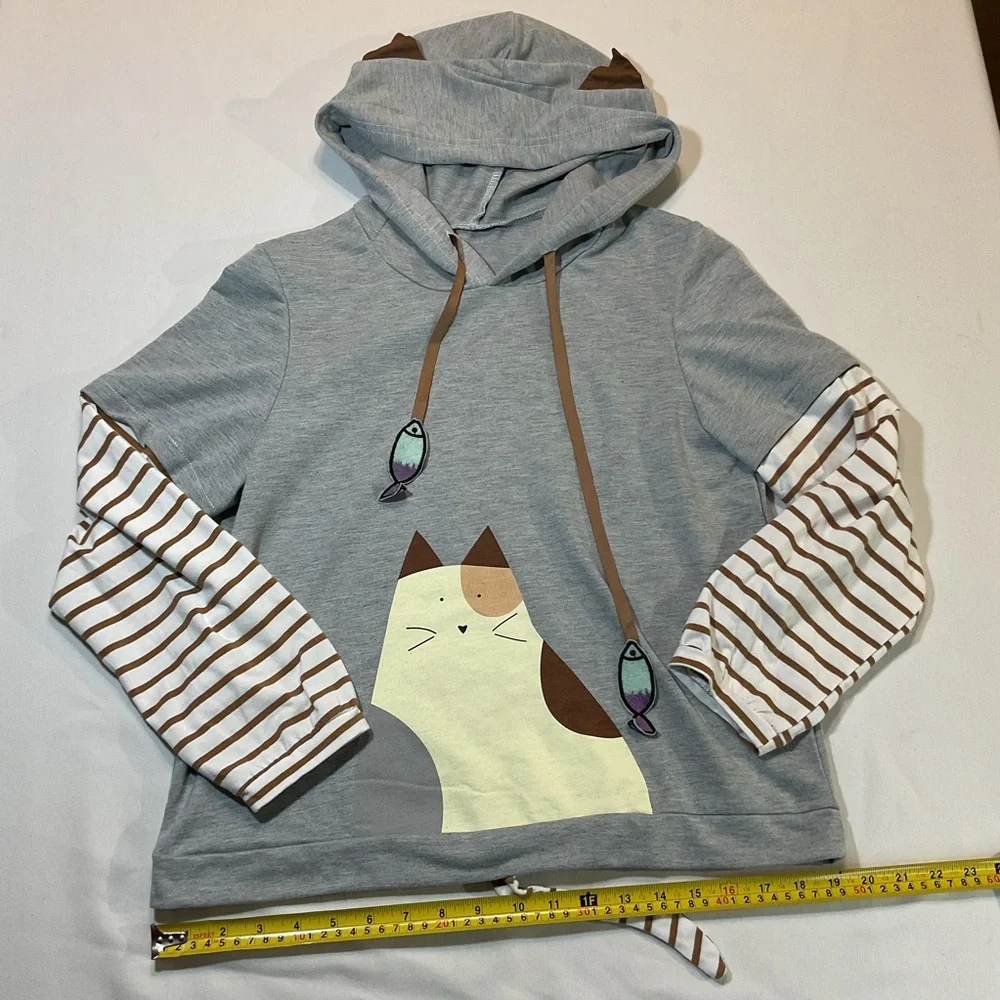 Earth Music‎ & Ecology Kawaii Cat Gray Light Weight Hoodie Detachable Tail